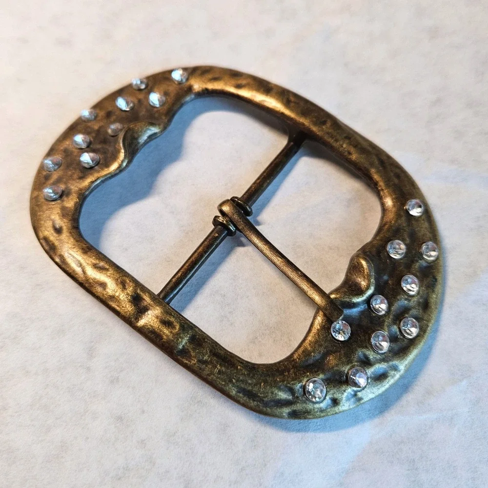 Vintage Handmade Hammered Solid Brass Rhinestone Belt Buckle Western Boho